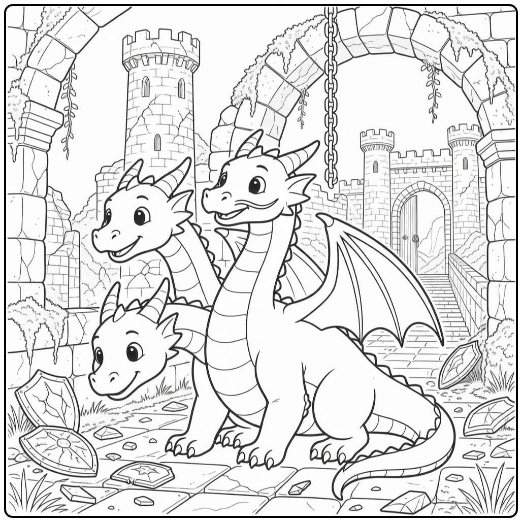 3 headed dragon coloring page crouching on ruined castle bridge
