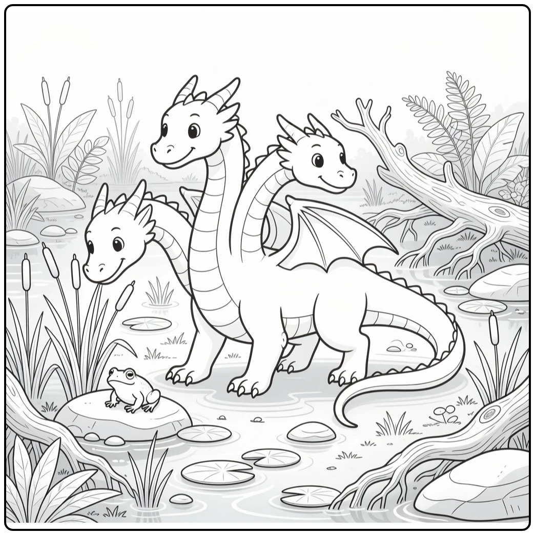 3 headed dragon coloring page in misty swamp with frog, reeds