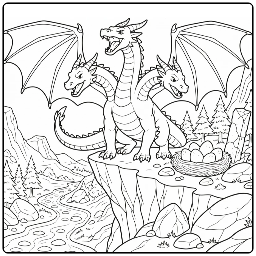 3 headed dragon coloring page guarding eggs on cliff