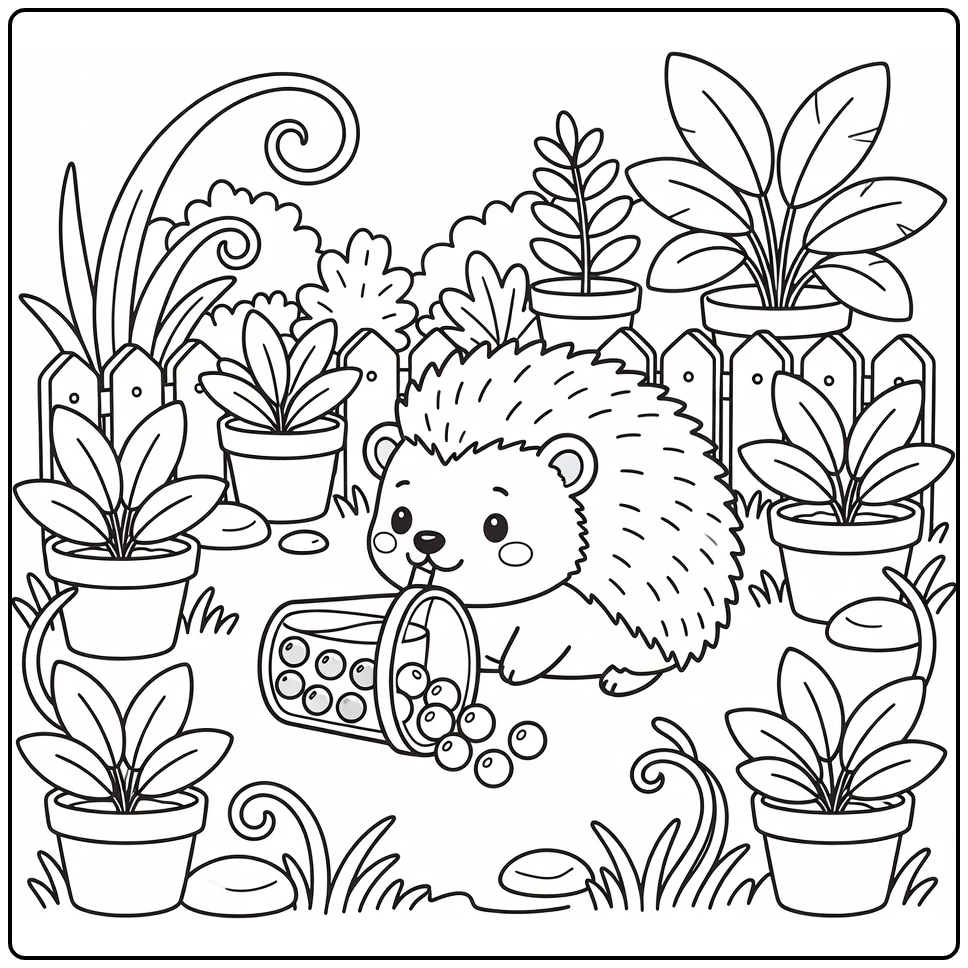 animal boba tea coloring page with hedgehog and tapioca pearls