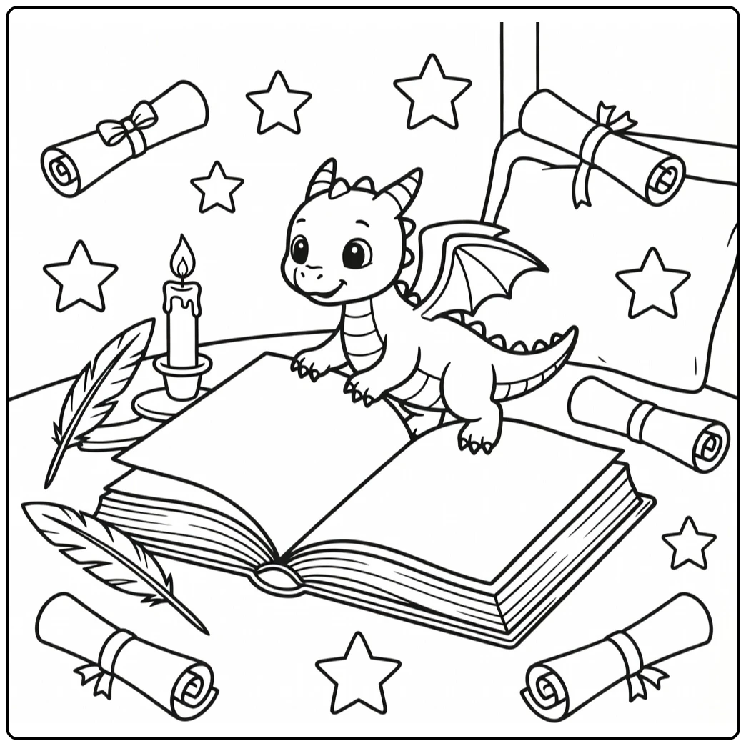 Baby dragon coloring page climbing giant storybook with stars