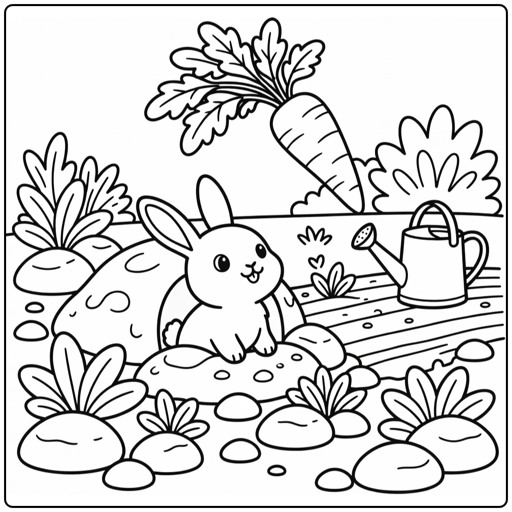 Cartoon animal coloring page of baby rabbit in garden burrow