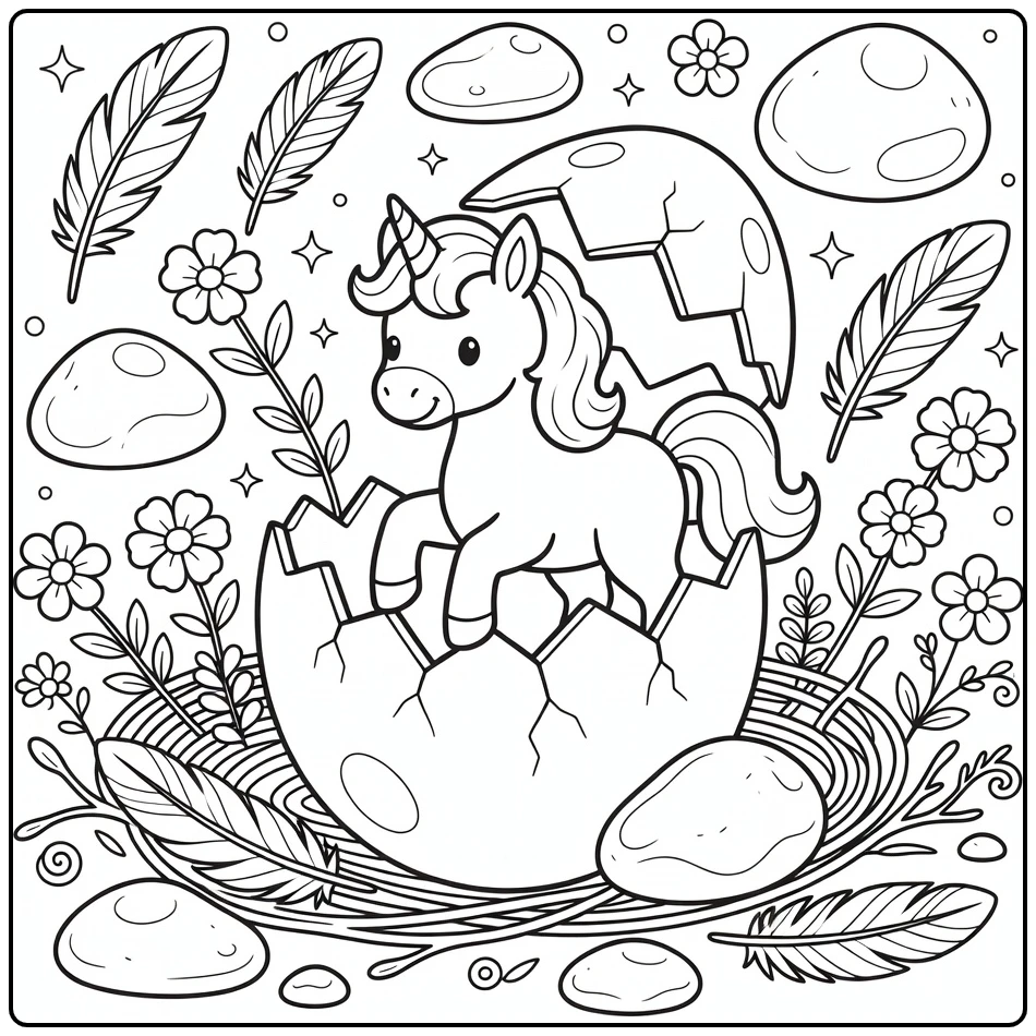Baby unicorn coloring page: foal hatching from cracked eggshell