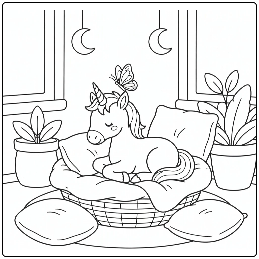 Baby unicorn coloring page: foal in cozy basket, butterfly on horn