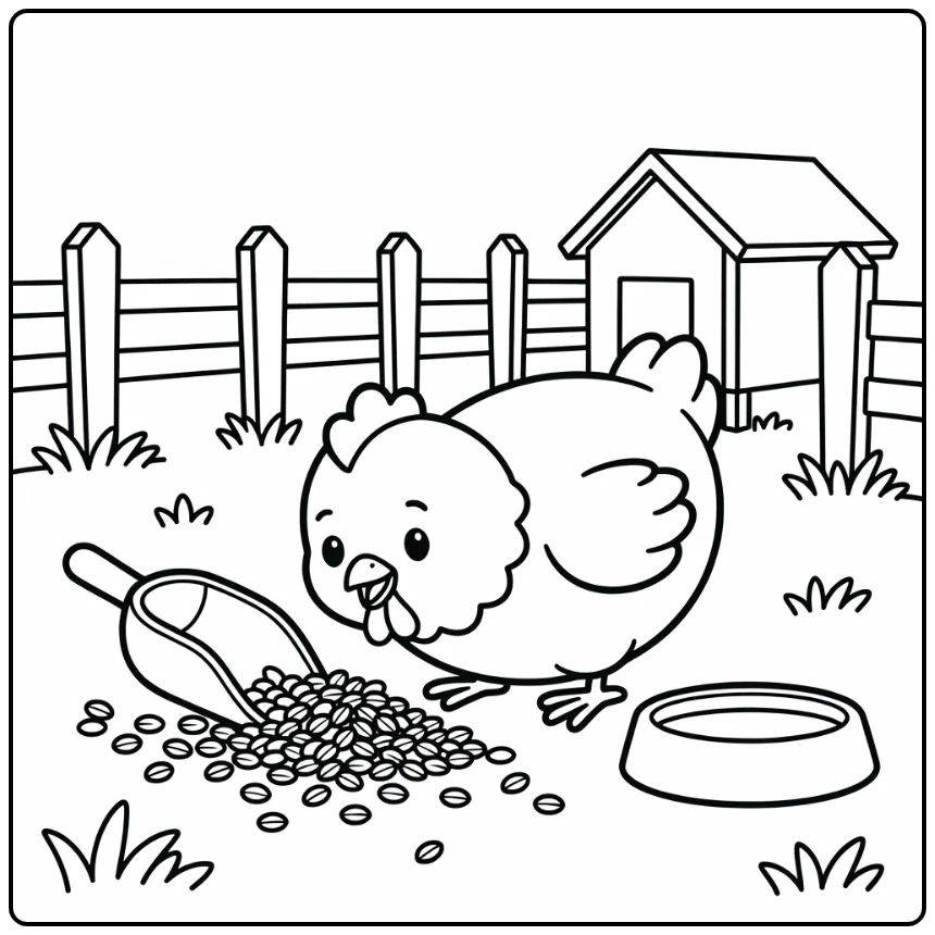 Chicken coloring page with grain scoop and water dish
