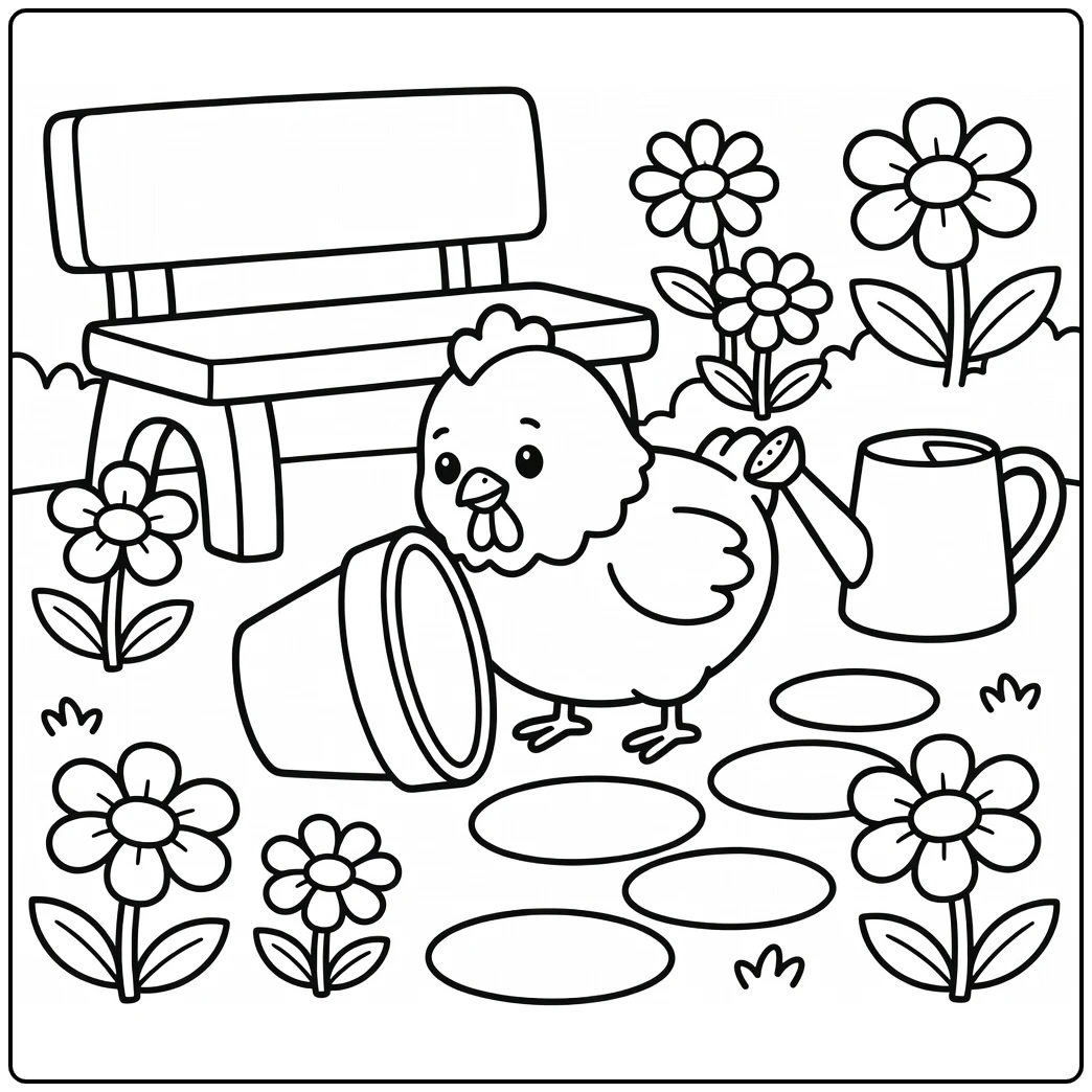 Chicken coloring page with flower pot and garden bench
