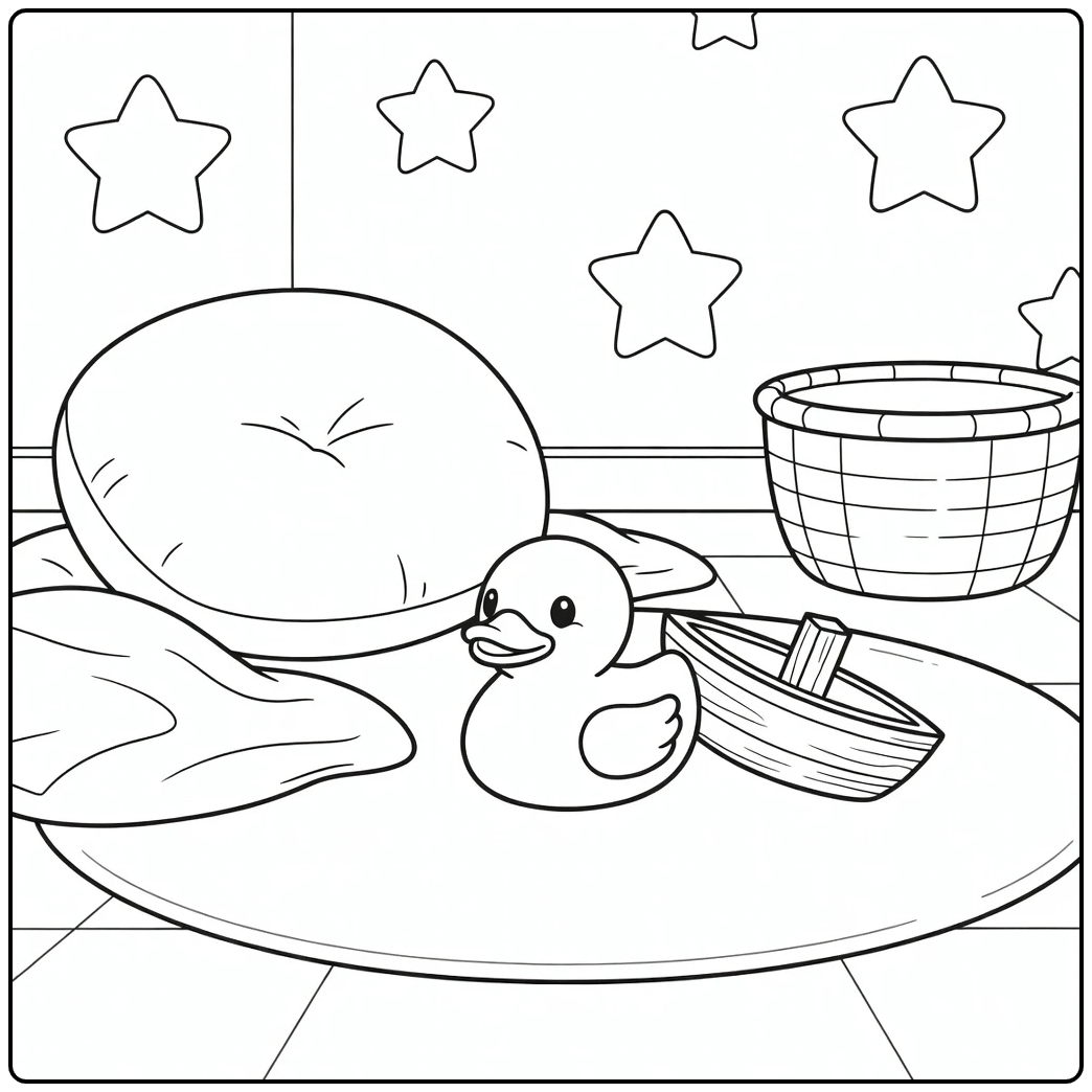 Ducky coloring page with tipped toy boat in nursery