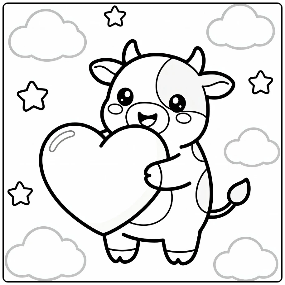 Kawaii cow hugging heart pillow, kawaii cow coloring pages