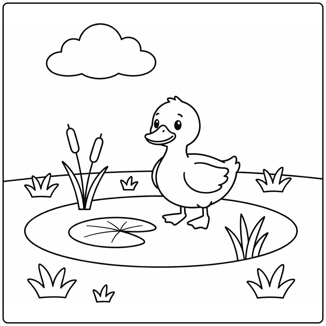 preschool duck coloring page with duck by pond and lily pad