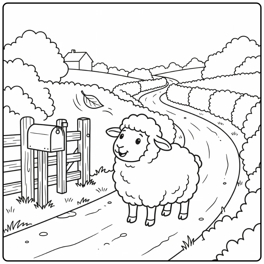 sheep coloring page with mailbox and fluttering leaf