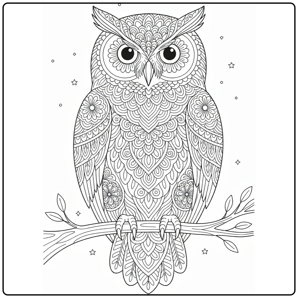 Advanced animal coloring pages: ornate mandala owl on branch
