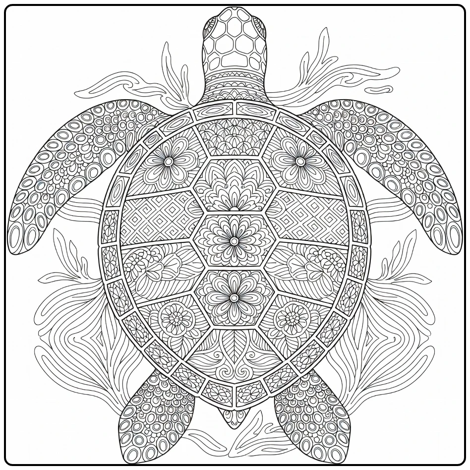 Mandala sea turtle top view, advanced animal coloring pages