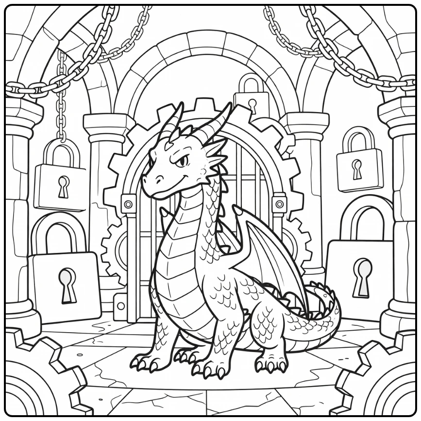 Advanced dragon coloring page guarding mechanical vault gate