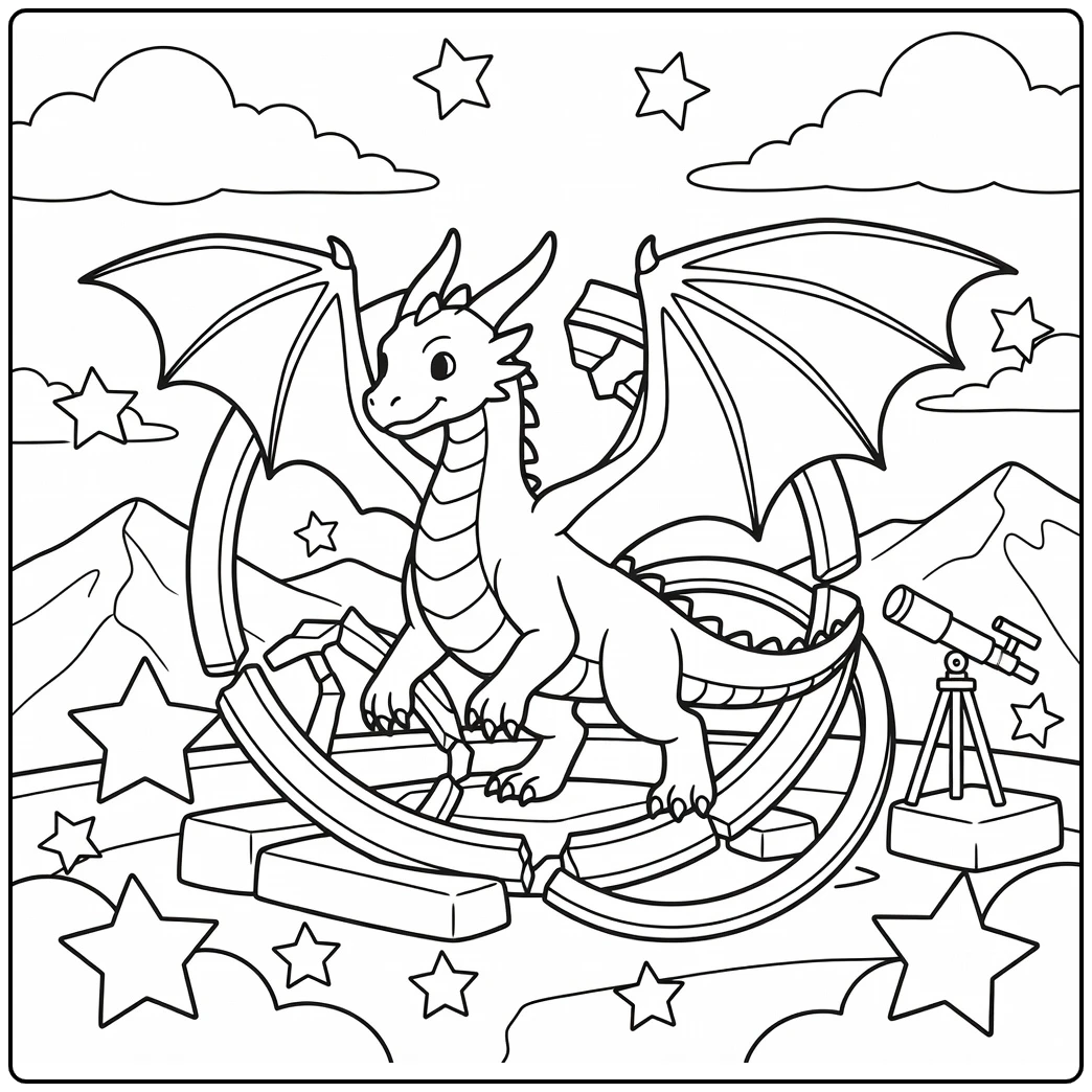 Advanced dragon coloring page: beast steps through broken astrolabe