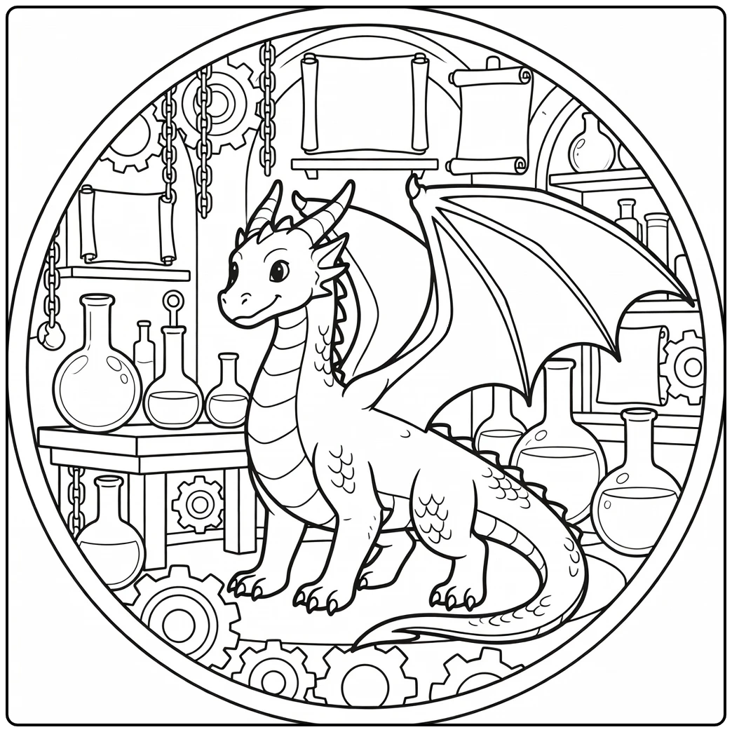 Advanced dragon coloring page unfurling wings in alchemist lab