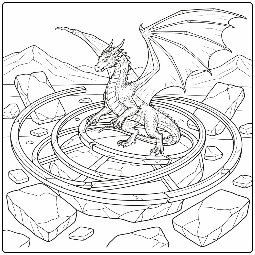Advanced realistic dragon coloring page on astrolabe ruins