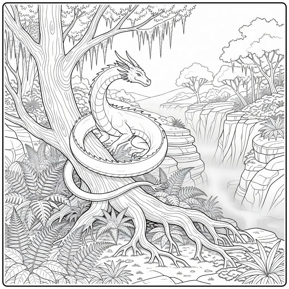 Advanced realistic dragon coloring page coiling tree trunk