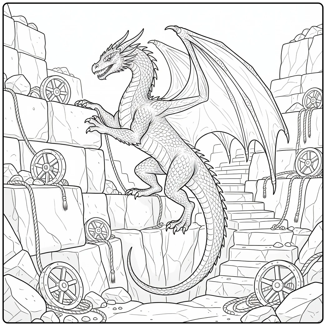 Advanced realistic dragon coloring page climbing quarry pit