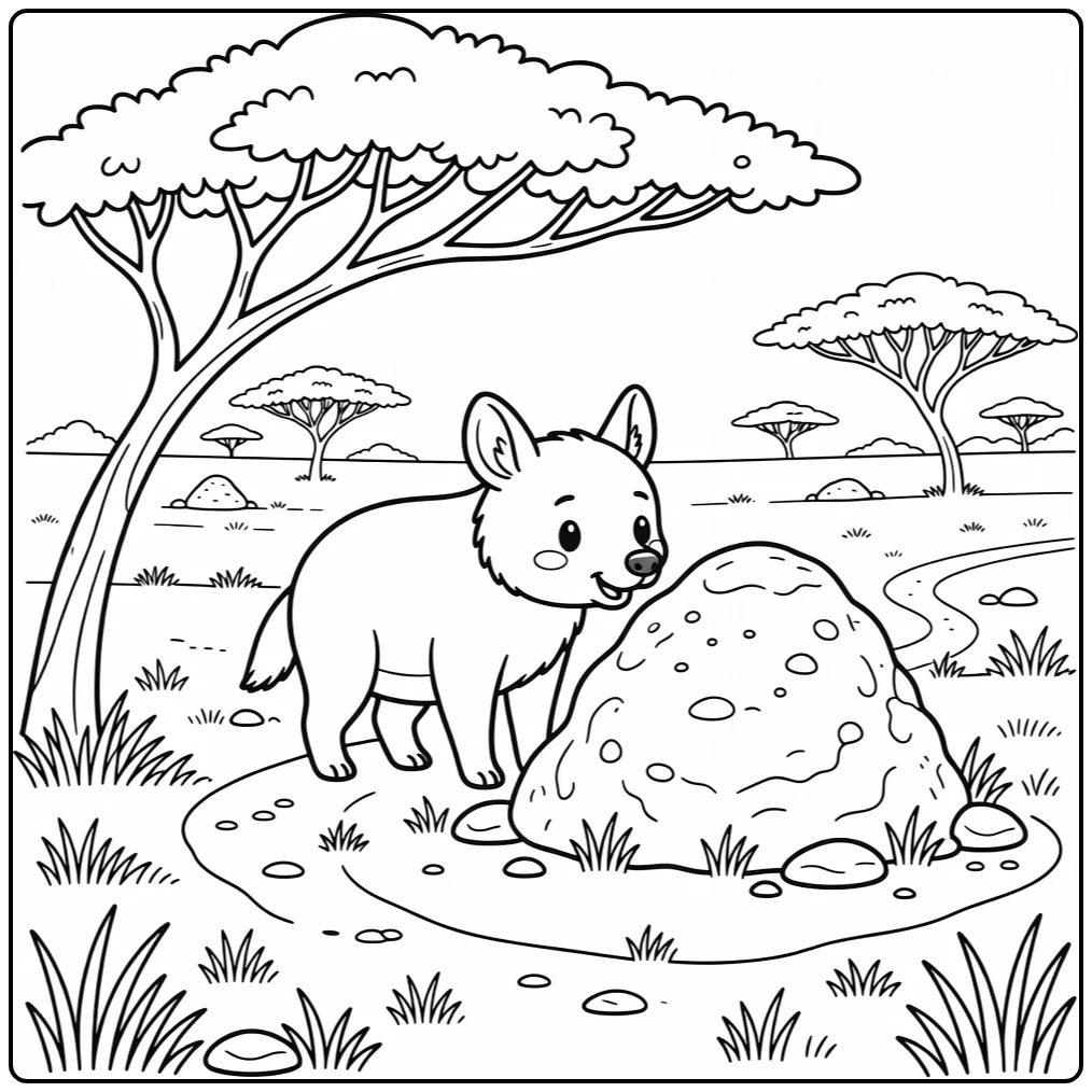 African animals coloring page with aardwolf near termite mound