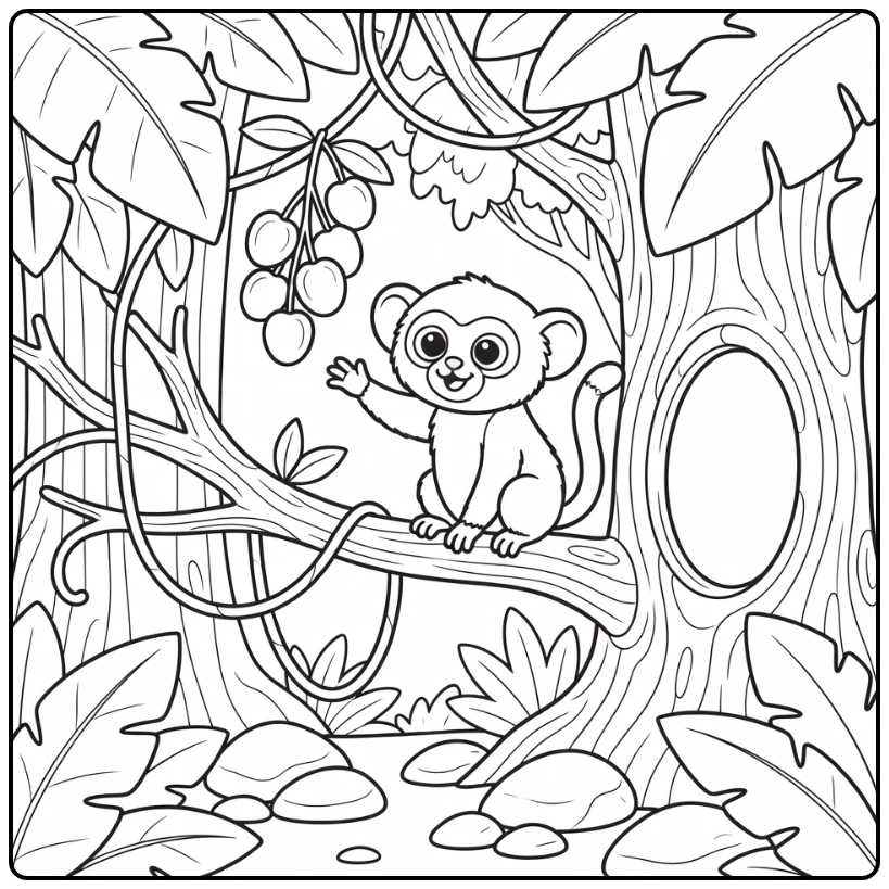 African animals coloring page with bushbaby on branch