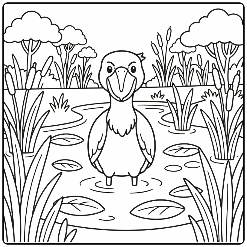 African animals coloring page shoebill in wetland reeds scene