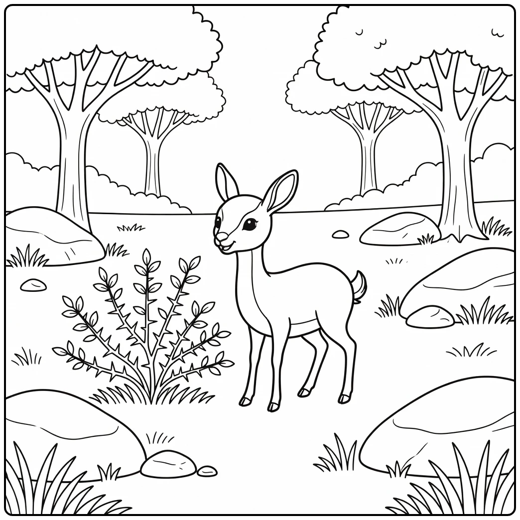 African animals coloring page of dik-dik by thorny shrub