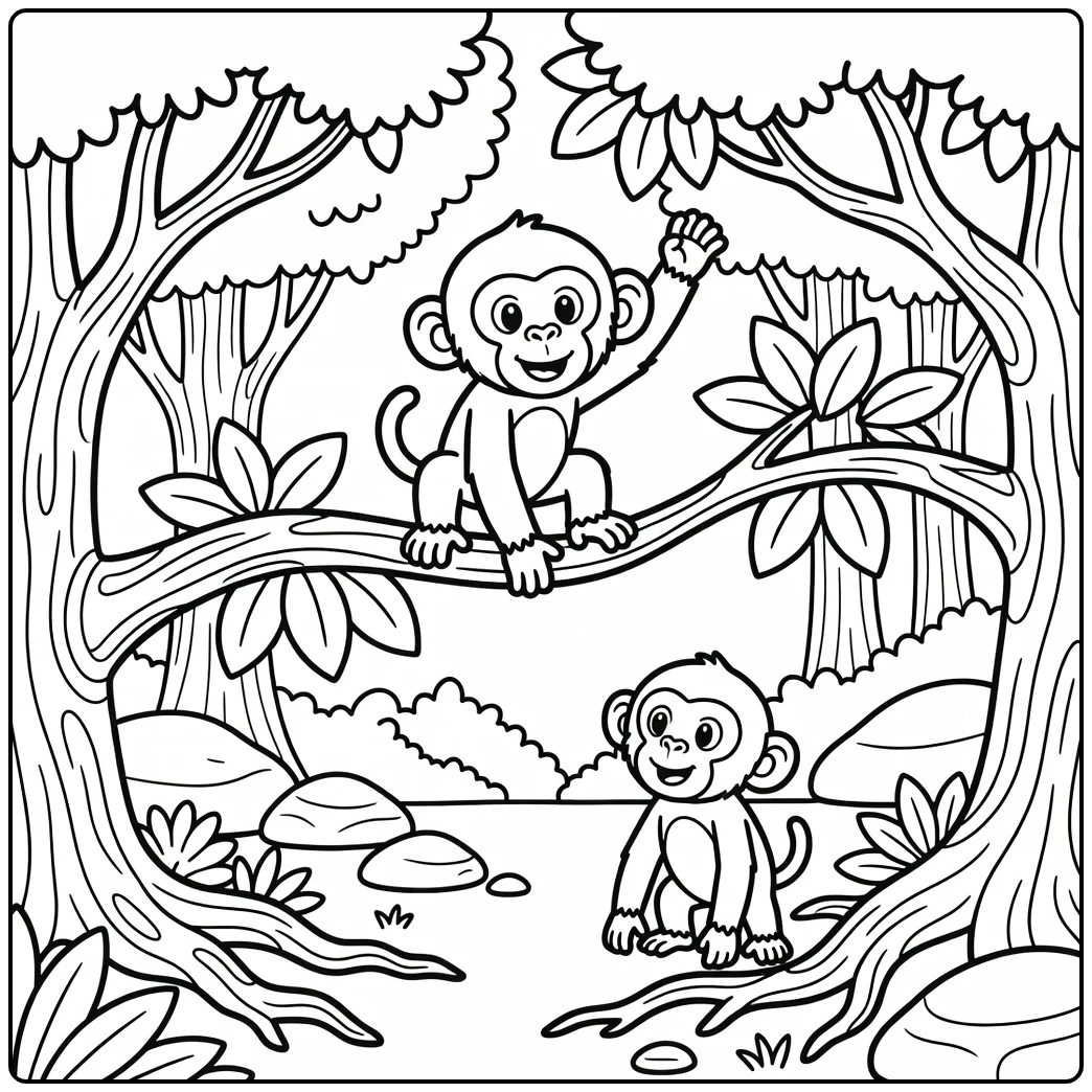 African animals coloring page with chimpanzees in forest
