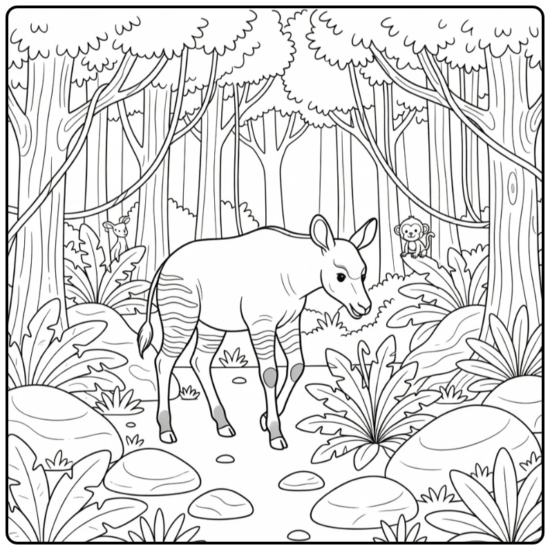 African animals coloring page of okapi in rainforest clearing