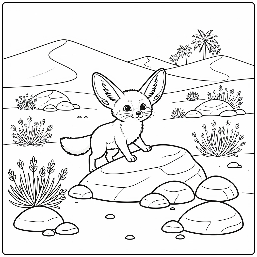 African animals coloring page with fennec fox in desert