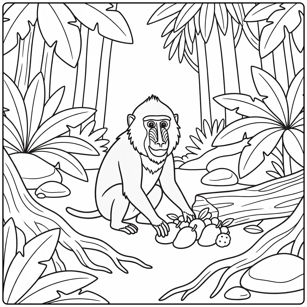 african animals coloring page mandrill jungle fruit scene