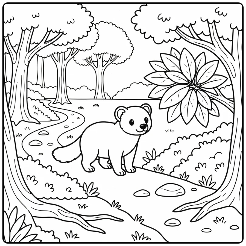 African animals coloring page with cute civet on forest trail