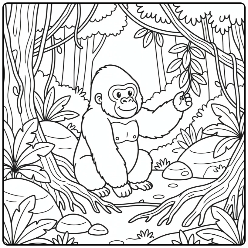 African animals coloring page with gorilla by forest roots
