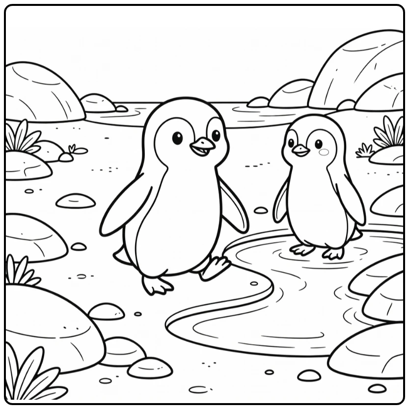 African animals coloring page with penguins on rocky beach