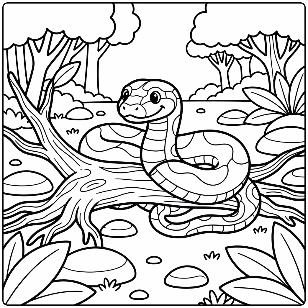 African animals coloring page with rock python on fallen trunk