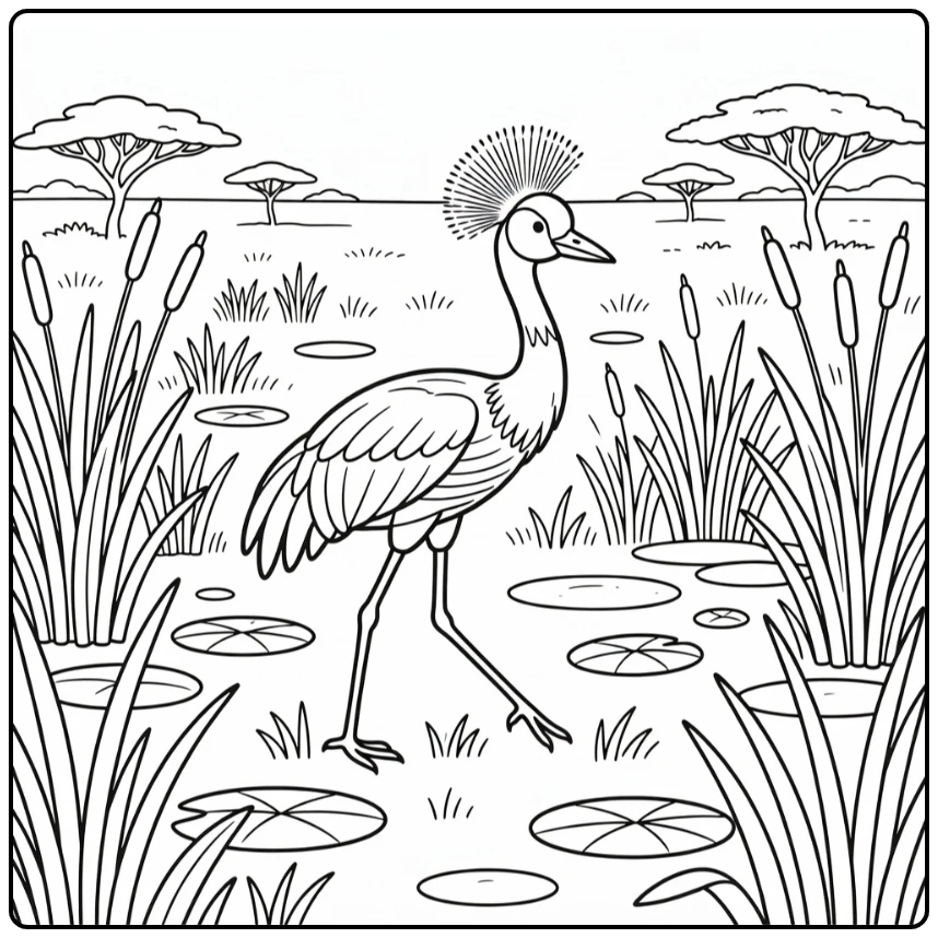 african animals coloring page crowned crane in wetland