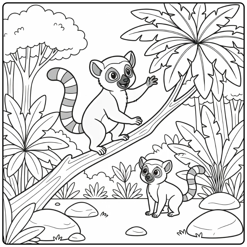 african animals coloring page with lemur on branch and leaves