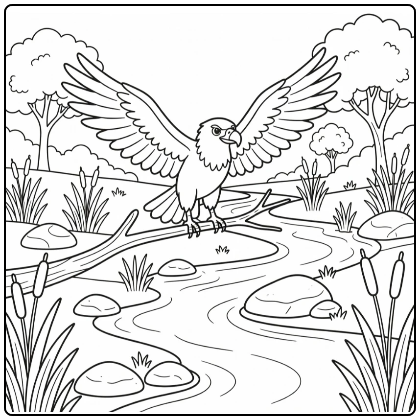 African animals coloring page of fish eagle on riverside branch