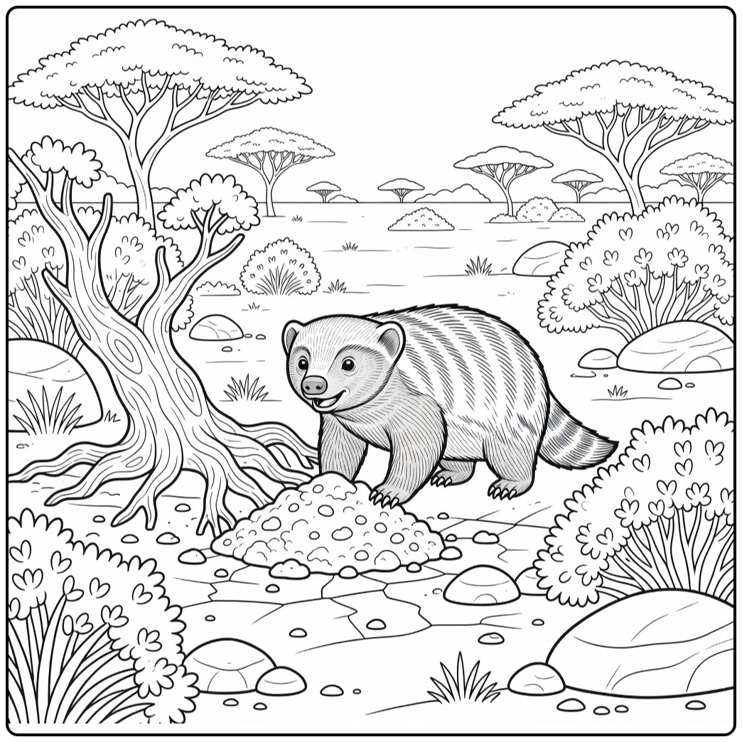 Honey Badger Digging Scene in African Animals Coloring Page
