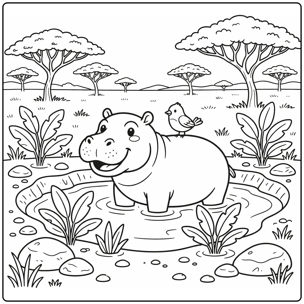 African safari animals coloring page with hippo at watering hole