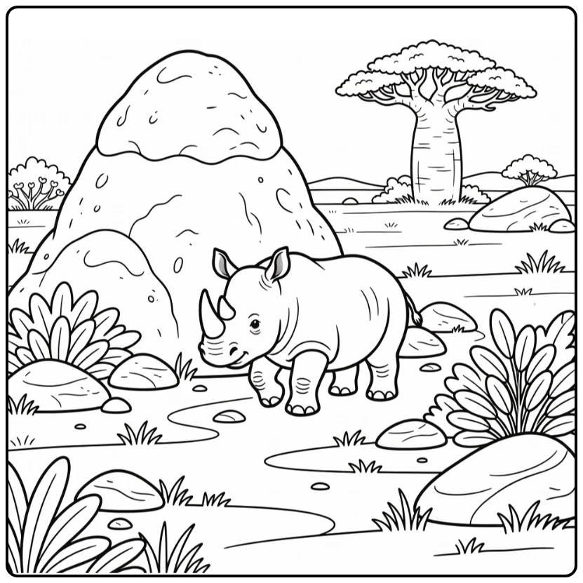 African safari animals coloring page rhino by termite mound