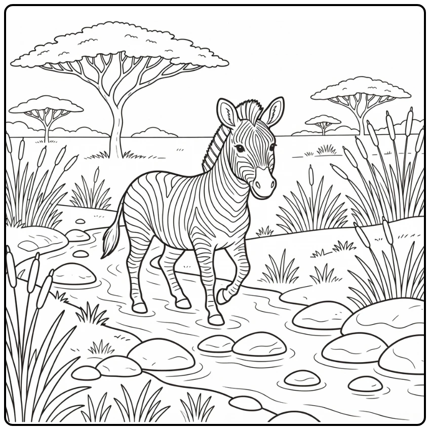 Zebra in African Safari Animals Coloring Page Crossing Stream