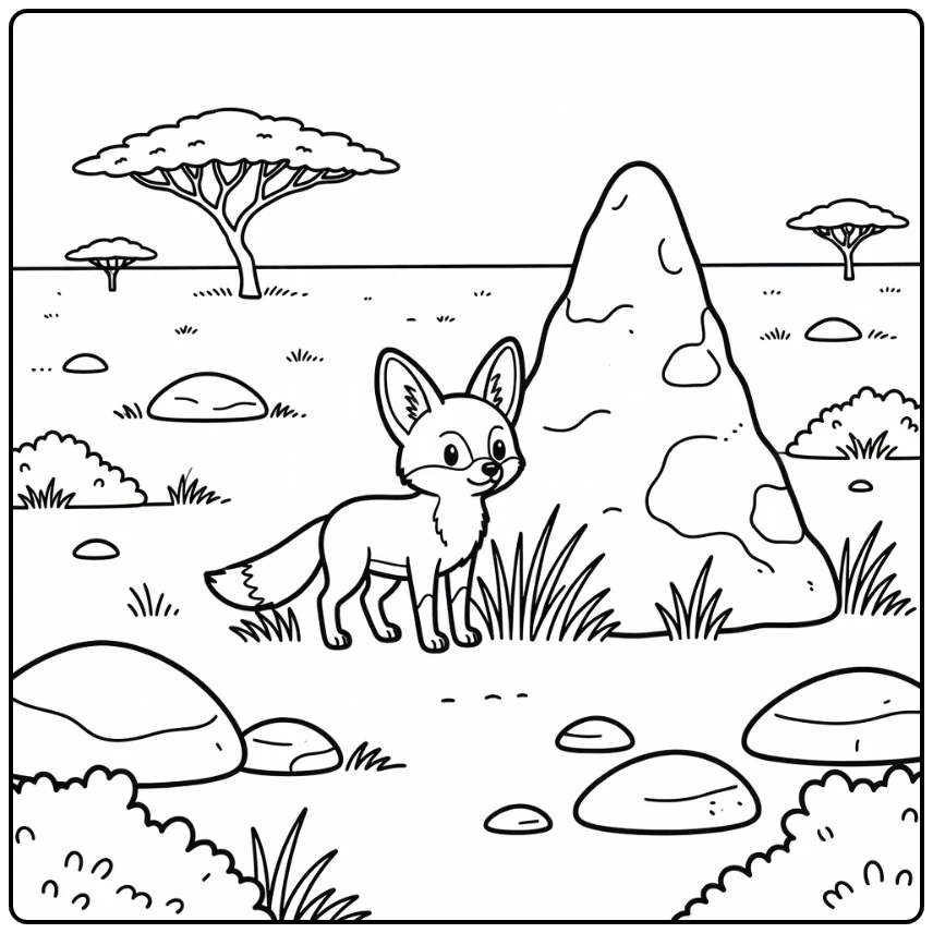 african savanna animals coloring page with alert bat-eared fox