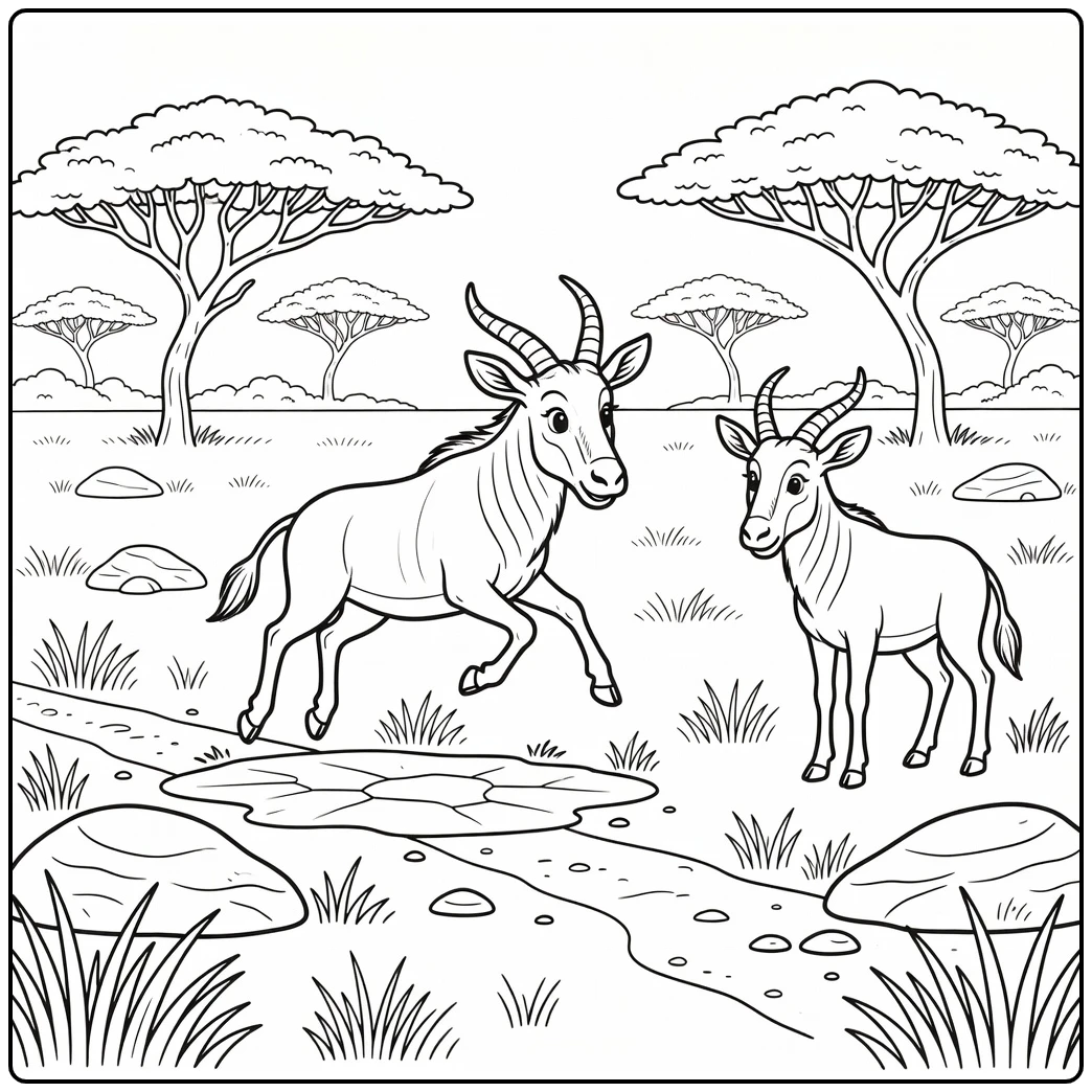 african savanna animals coloring page with leaping hartebeest
