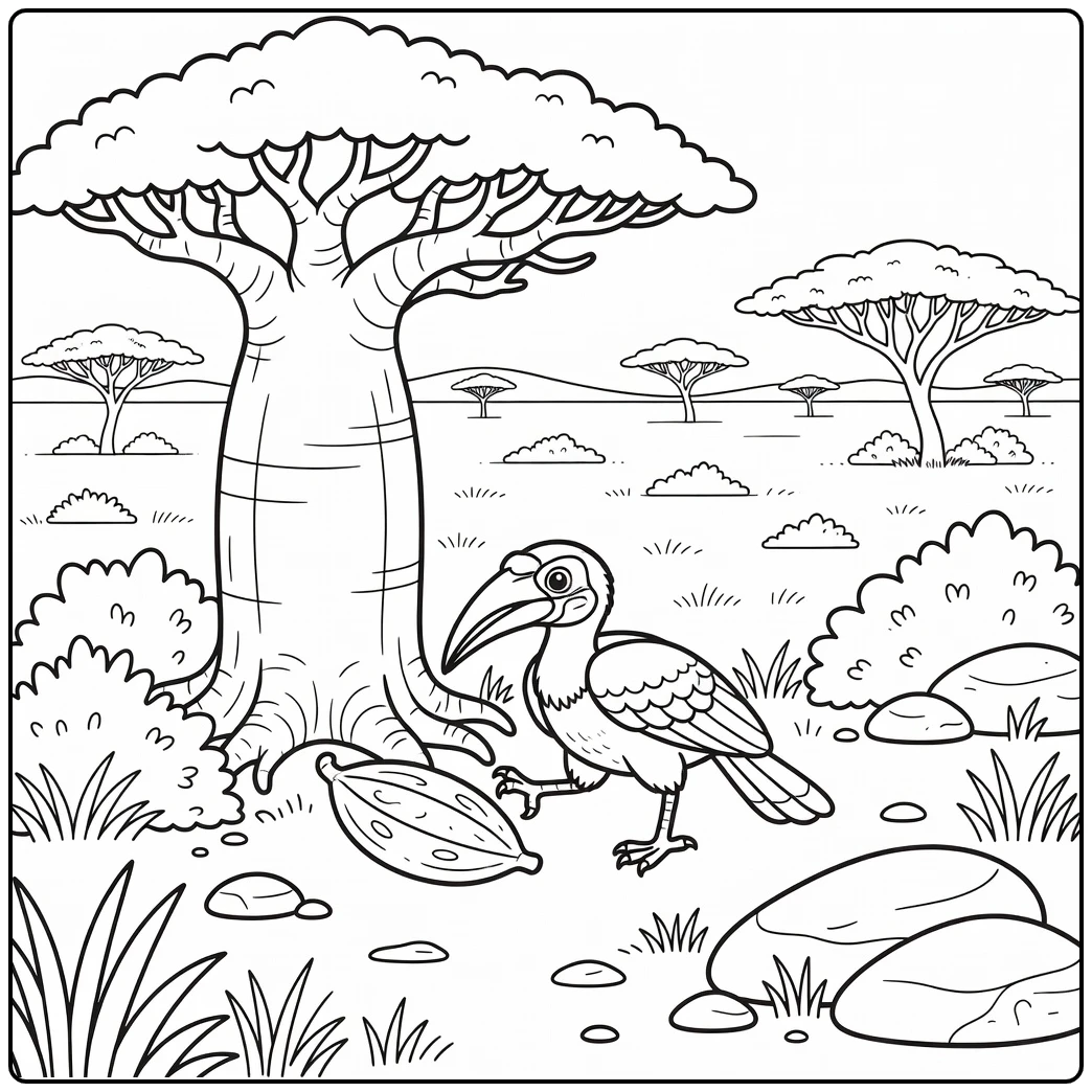 african savanna animals coloring page hornbill near baobab