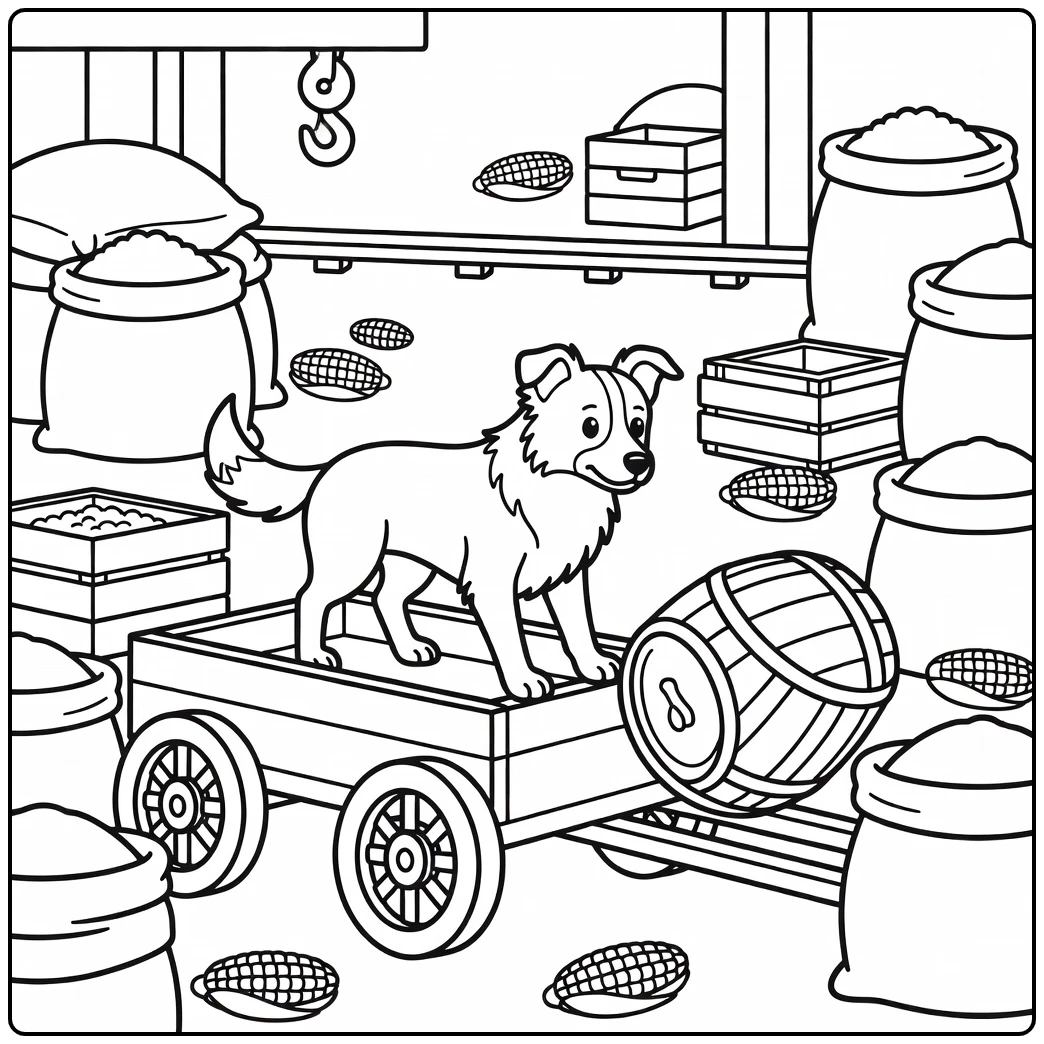 farm Dog coloring pages: Border Collie on cart eyes barrel