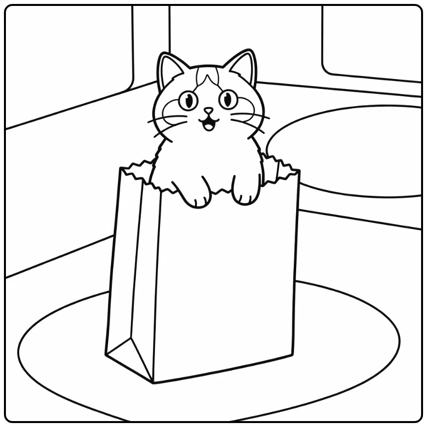 Ragdoll cat coloring pages: alert cat peeking from bag