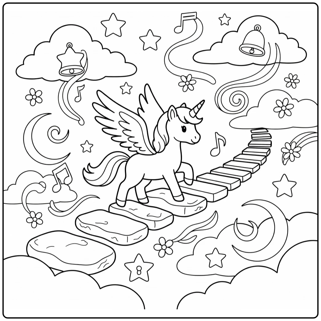 Alicorn coloring page: winged unicorn on floating piano keys
