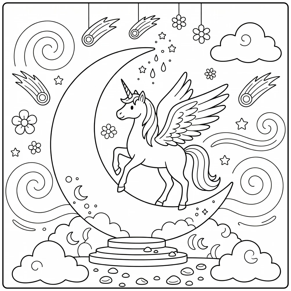 Alicorn coloring page: winged unicorn on moon fountain