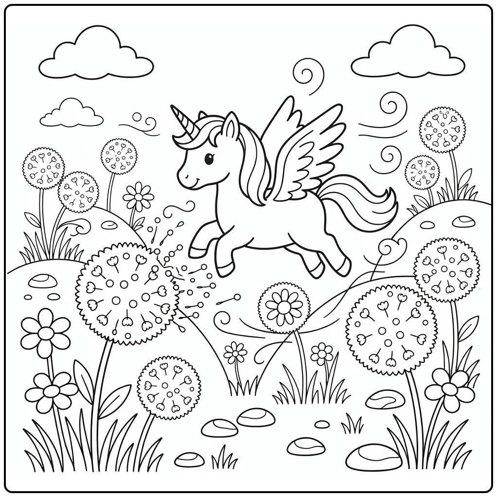 Alicorn coloring page: winged unicorn scatters dandelion seeds