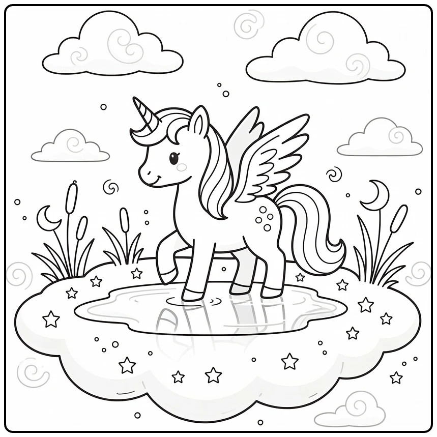 Alicorn coloring page of winged unicorn dipping hoof in sky puddle